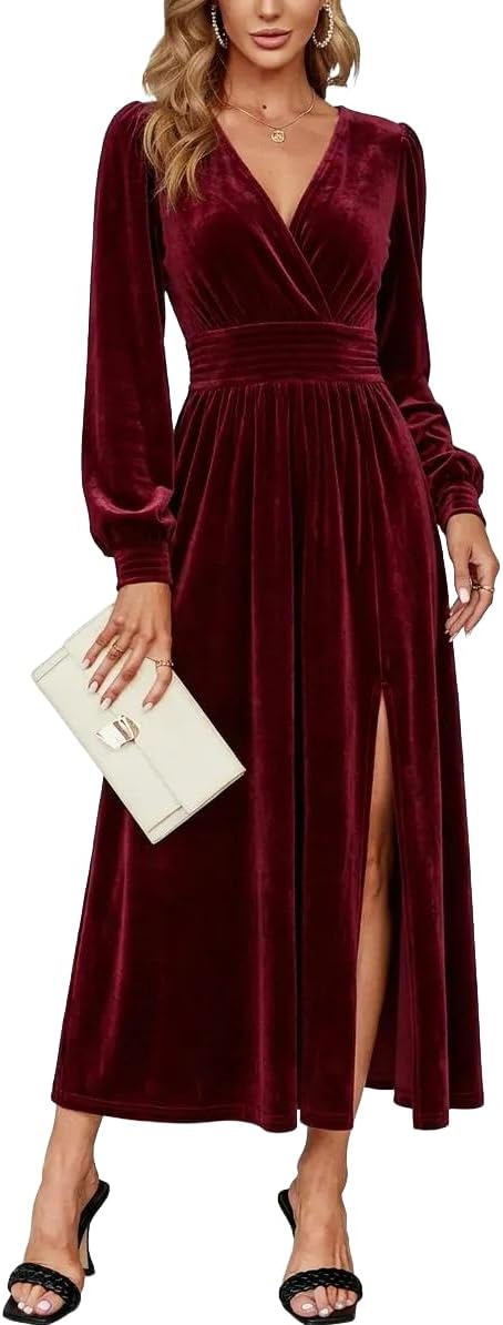 Velvet V-Neck Evening Dress with Bishop Sleeves and Side Slit
