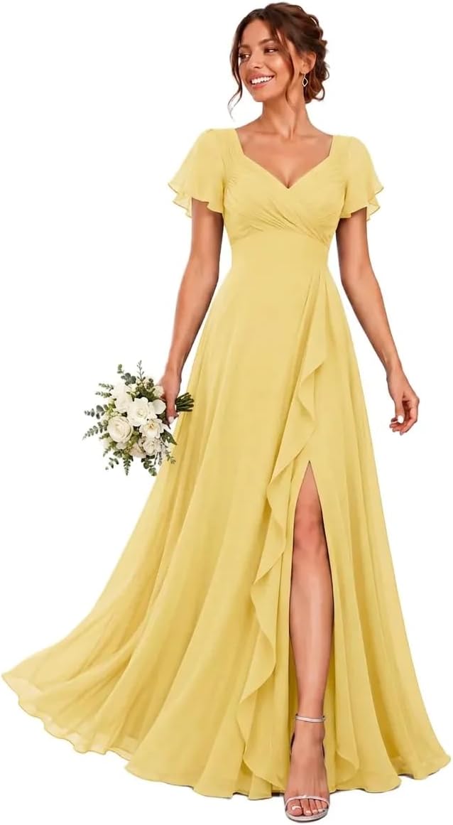 Chiffon V-Neck Bridesmaid Dress with Flutter Sleeves and Slit