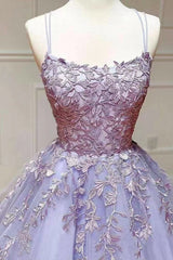 Lilac A-Line Evening Dress with Appliques and Tulle