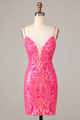 Sheath Spaghetti Straps Fuchsia Sequins Short Homecoming Dress