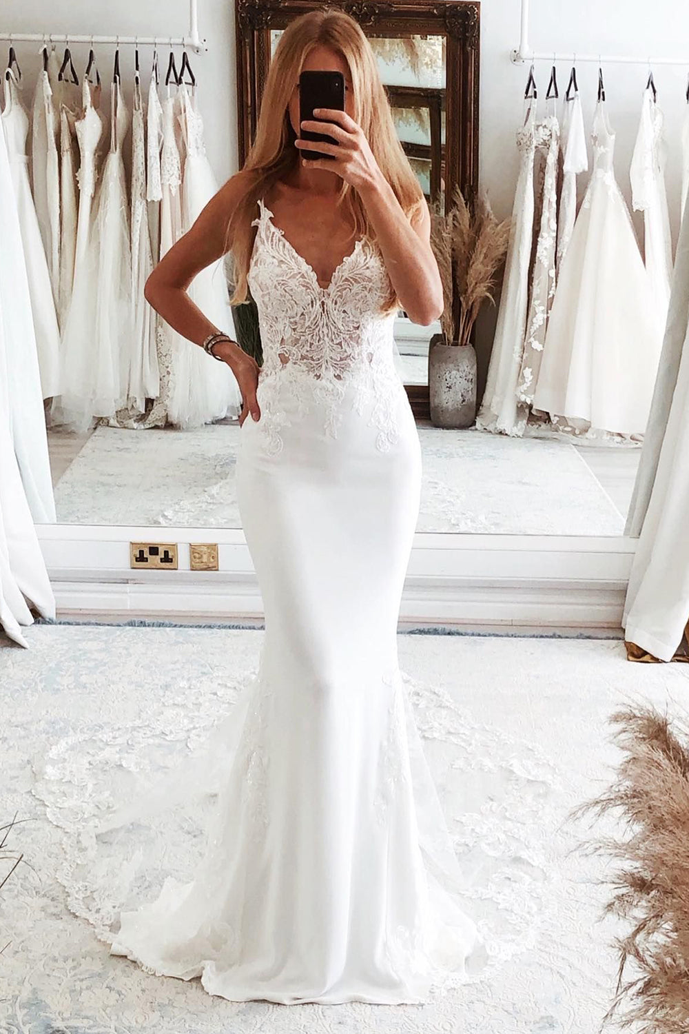 Elegant Backless White Mermaid Lace Wedding Dress with Button Accents