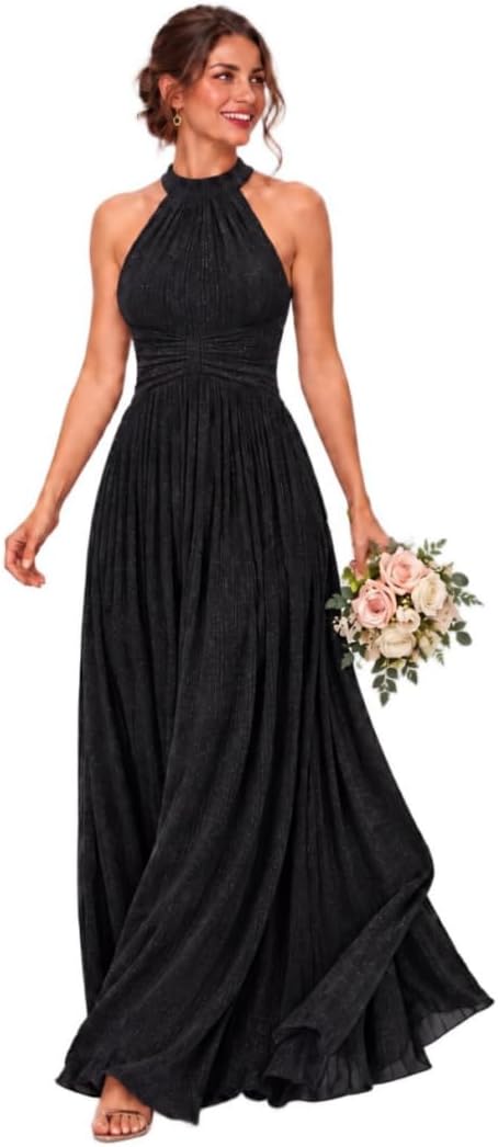 Glitter Chiffon Halter Bridesmaid Dress with Pleated Empire Waist