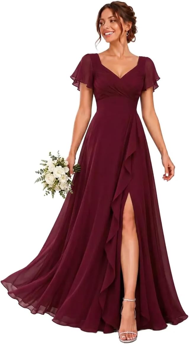 Chiffon V-Neck Bridesmaid Dress with Flutter Sleeves and Slit