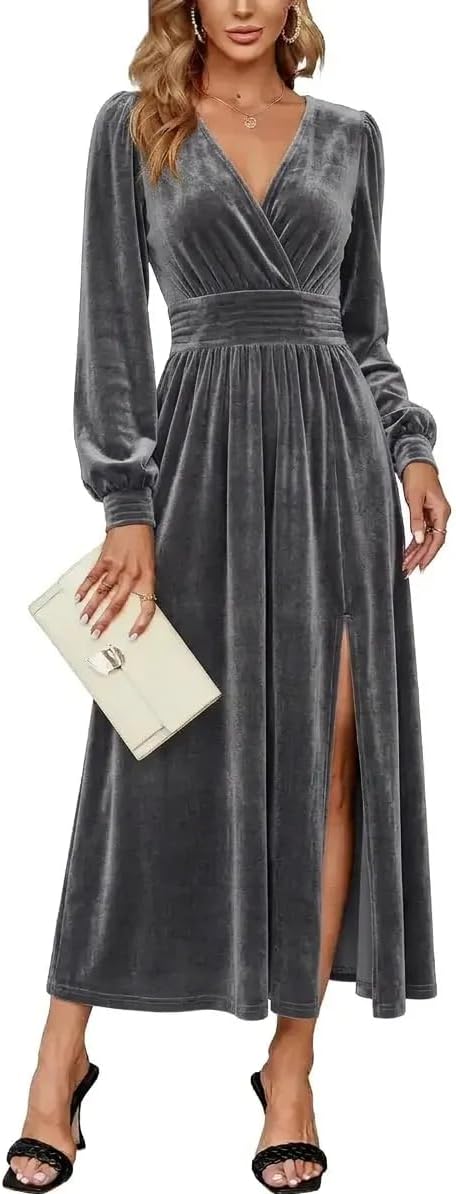 Velvet V-Neck Evening Dress with Bishop Sleeves and Side Slit