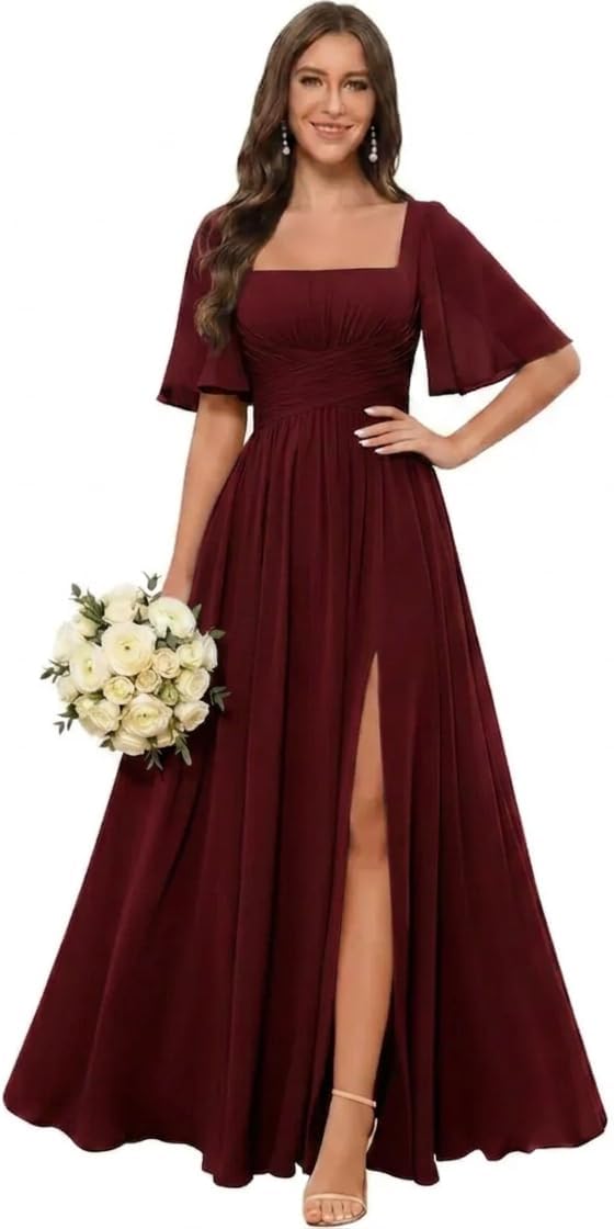 Square Neck Chiffon Bridesmaid Dress with Flutter Sleeves and Slit