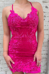 Sparkly Fuchsia Tight Short Homecoming Dress with Appliques