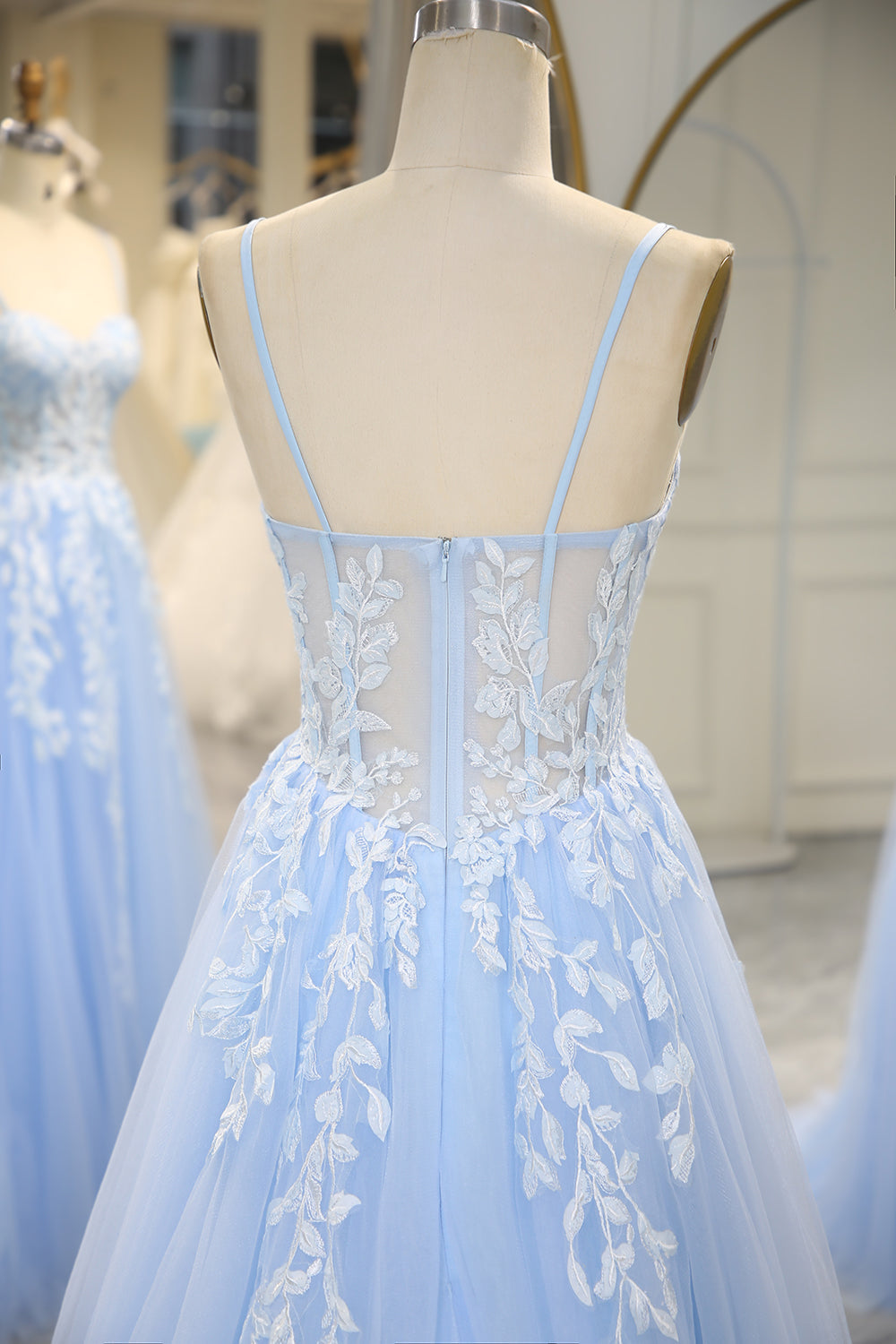 Sky Blue Long Corset Appliqued Prom Dress With Slit