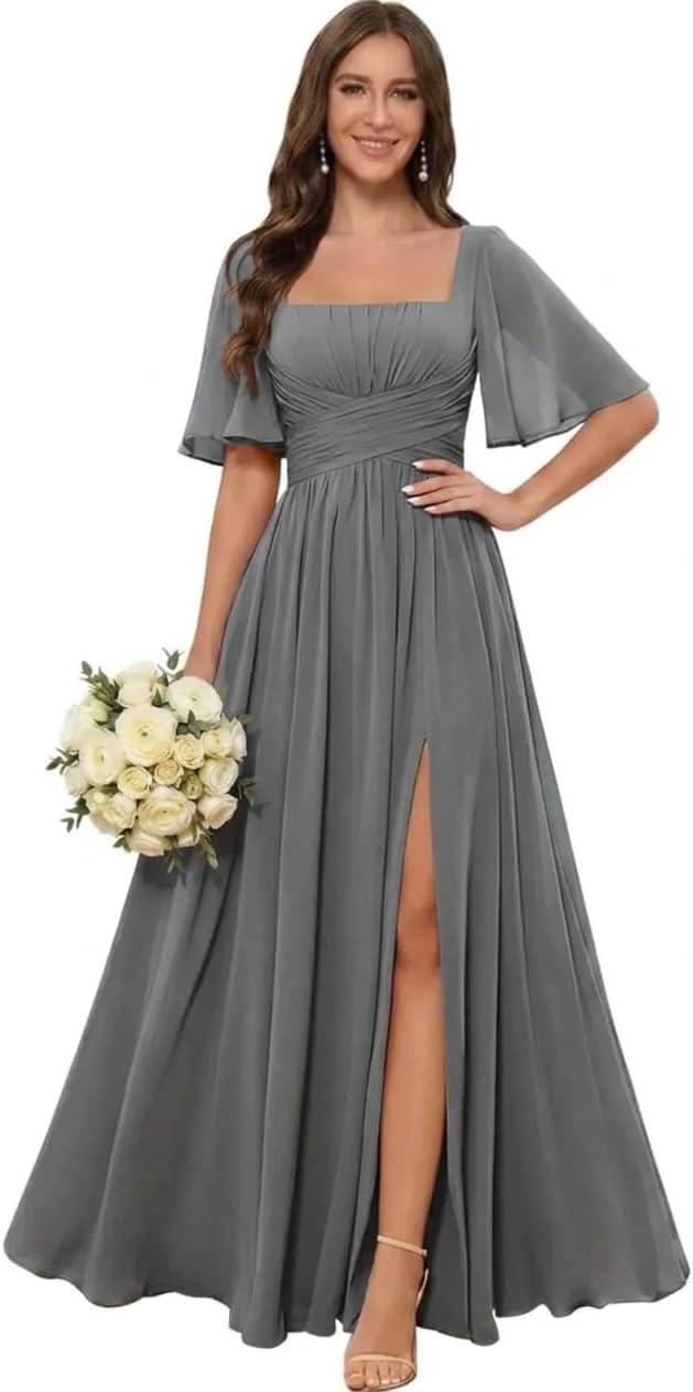 Square Neck Chiffon Bridesmaid Dress with Flutter Sleeves and Slit
