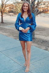 Sparkly Royal Blue Sequined Tight Short Homecoming Dress with Sleeves