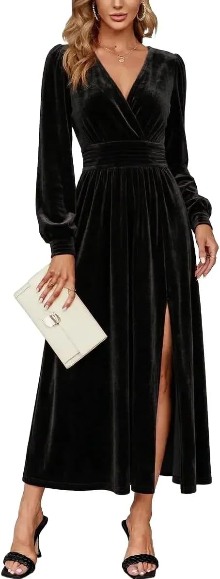 Velvet V-Neck Evening Dress with Bishop Sleeves and Side Slit
