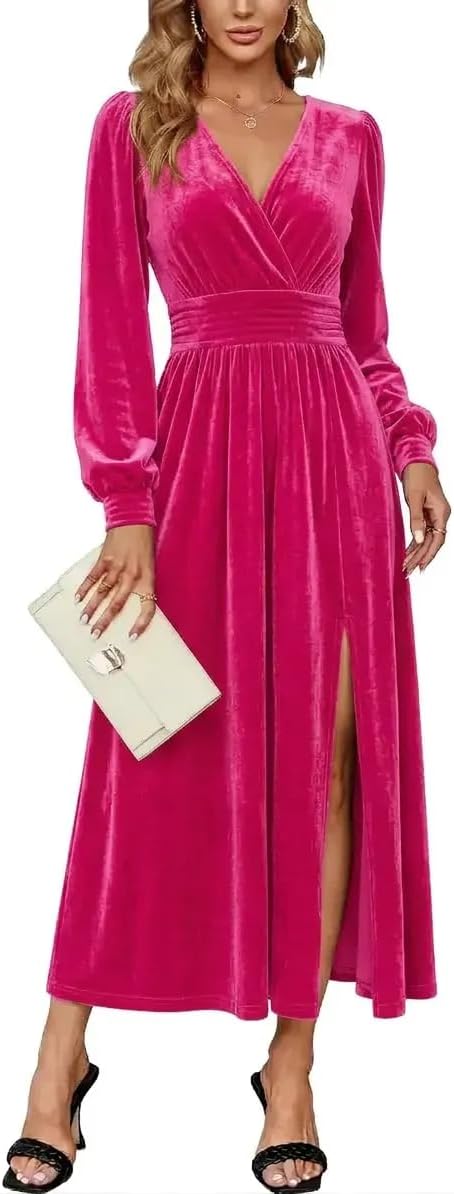 Velvet V-Neck Evening Dress with Bishop Sleeves and Side Slit