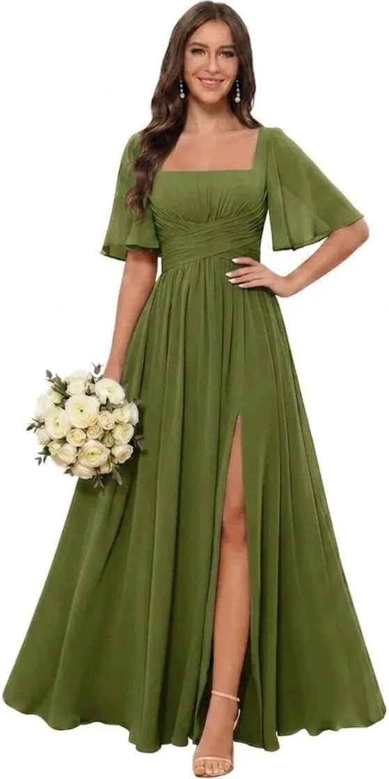 Square Neck Chiffon Bridesmaid Dress with Flutter Sleeves and Slit
