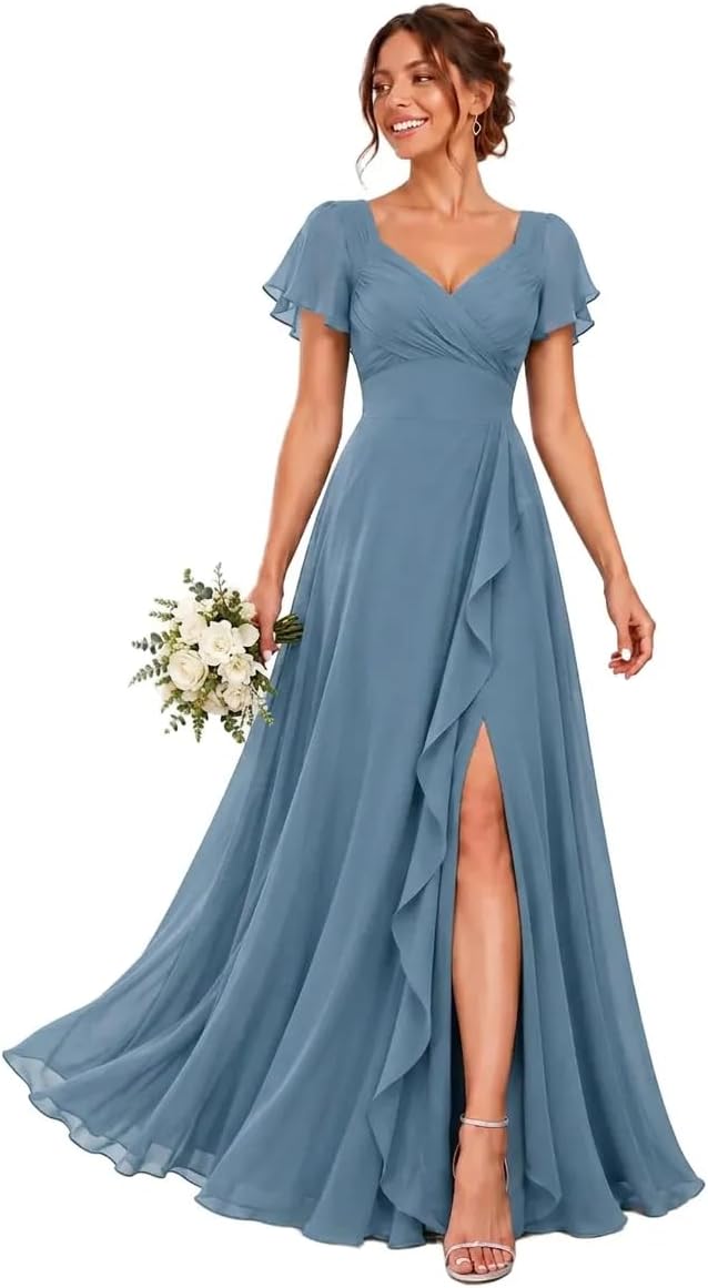 Chiffon V-Neck Bridesmaid Dress with Flutter Sleeves and Slit