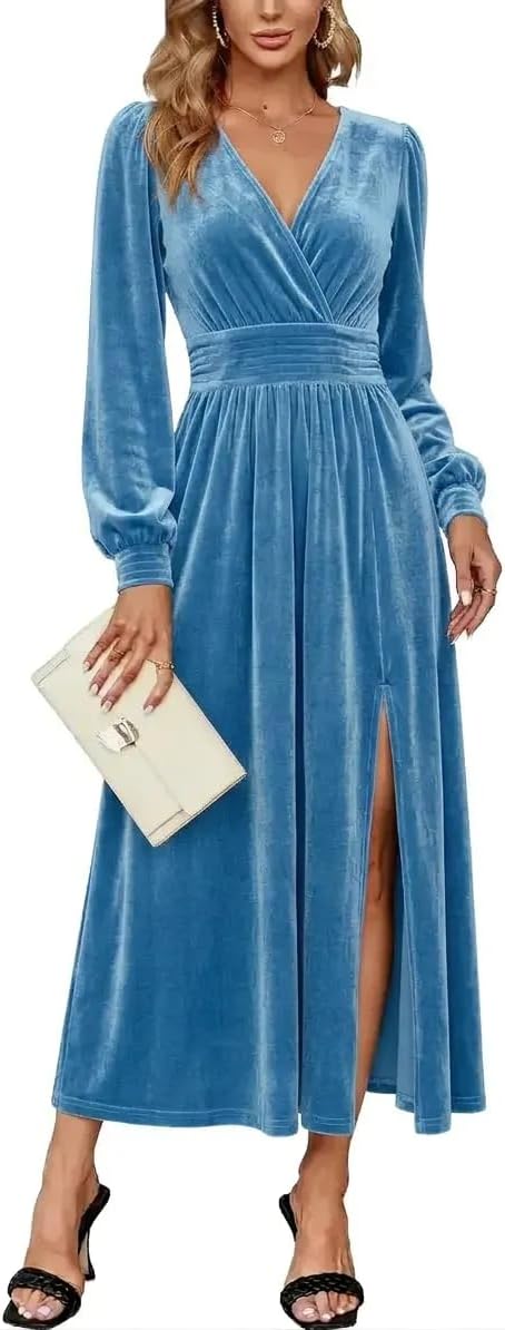 Velvet V-Neck Evening Dress with Bishop Sleeves and Side Slit