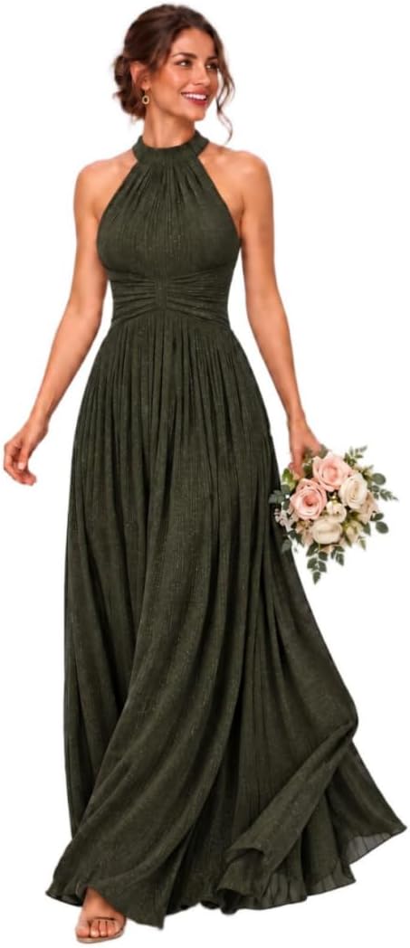 Glitter Chiffon Halter Bridesmaid Dress with Pleated Empire Waist