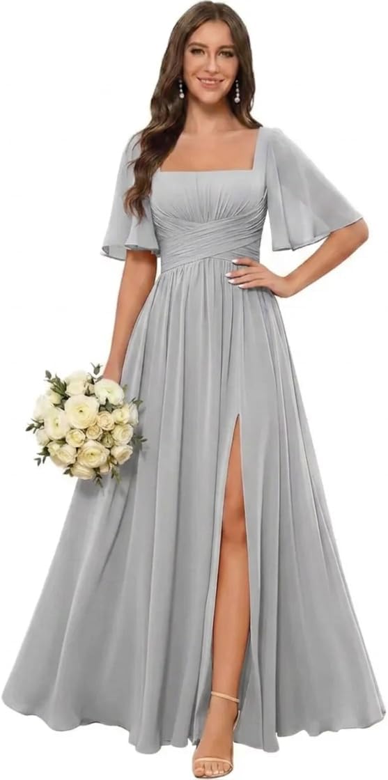 Square Neck Chiffon Bridesmaid Dress with Flutter Sleeves and Slit