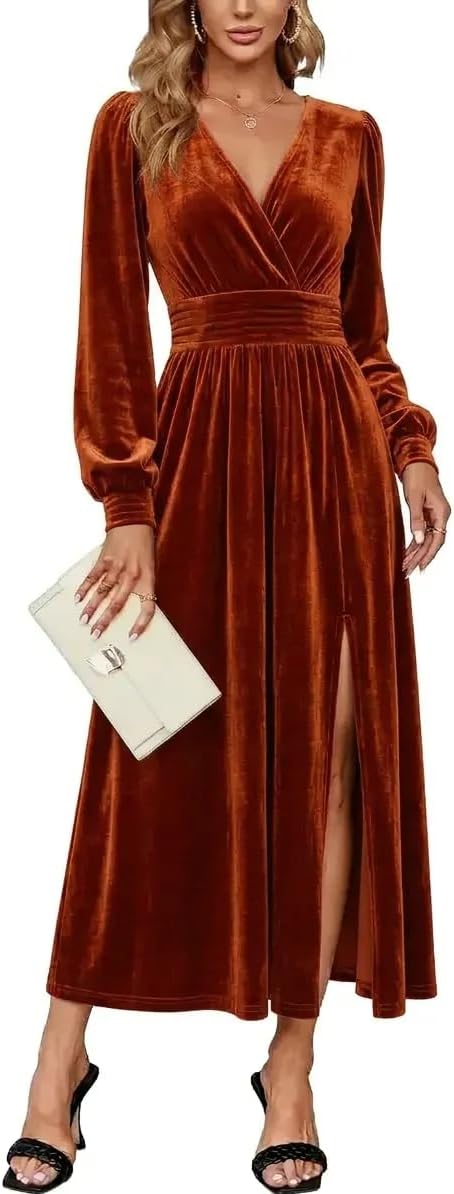 Velvet V-Neck Evening Dress with Bishop Sleeves and Side Slit