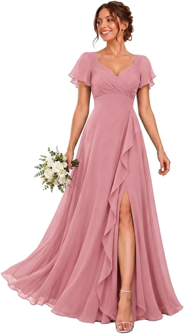 Chiffon V-Neck Bridesmaid Dress with Flutter Sleeves and Slit