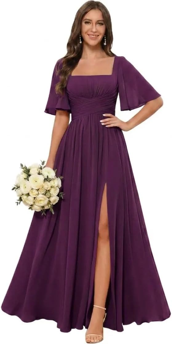 Square Neck Chiffon Bridesmaid Dress with Flutter Sleeves and Slit