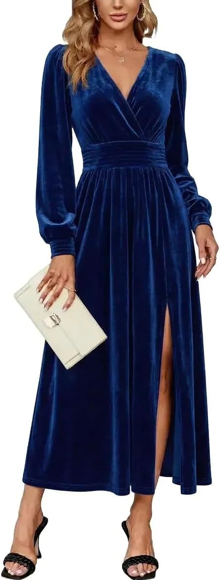 Velvet V-Neck Evening Dress with Bishop Sleeves and Side Slit