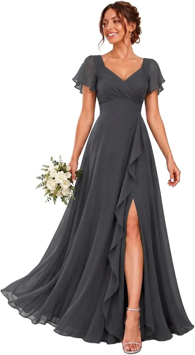 Chiffon V-Neck Bridesmaid Dress with Flutter Sleeves and Slit