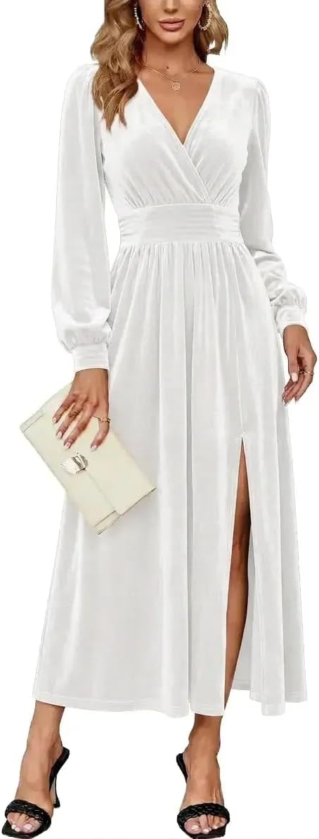Velvet V-Neck Evening Dress with Bishop Sleeves and Side Slit