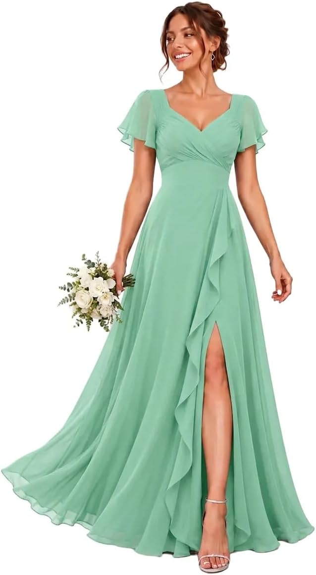 Chiffon V-Neck Bridesmaid Dress with Flutter Sleeves and Slit