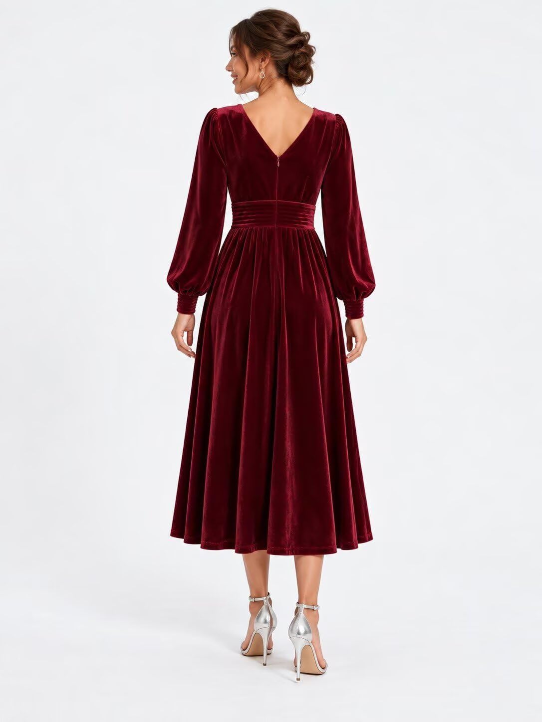 Velvet V-Neck Evening Dress with Bishop Sleeves and Side Slit