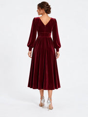 Velvet V-Neck Evening Dress with Bishop Sleeves and Side Slit