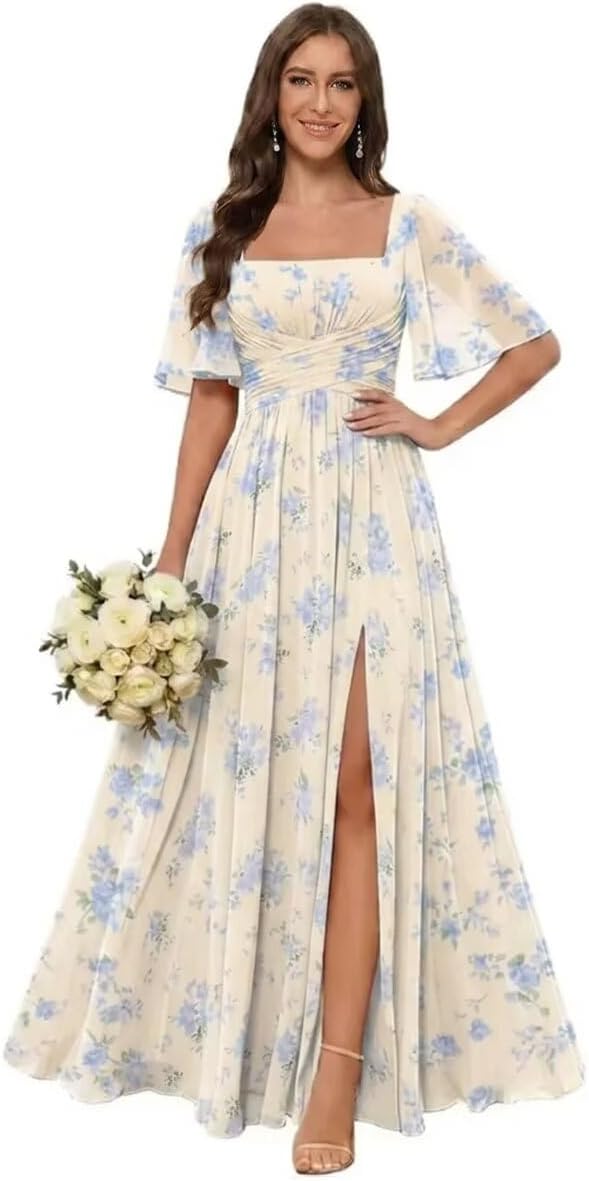 Square Neck Chiffon Bridesmaid Dress with Flutter Sleeves and Slit