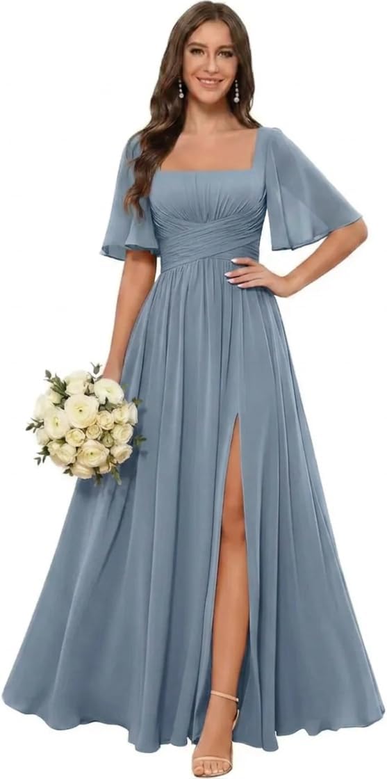 Square Neck Chiffon Bridesmaid Dress with Flutter Sleeves and Slit