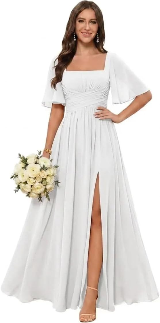 Square Neck Chiffon Bridesmaid Dress with Flutter Sleeves and Slit