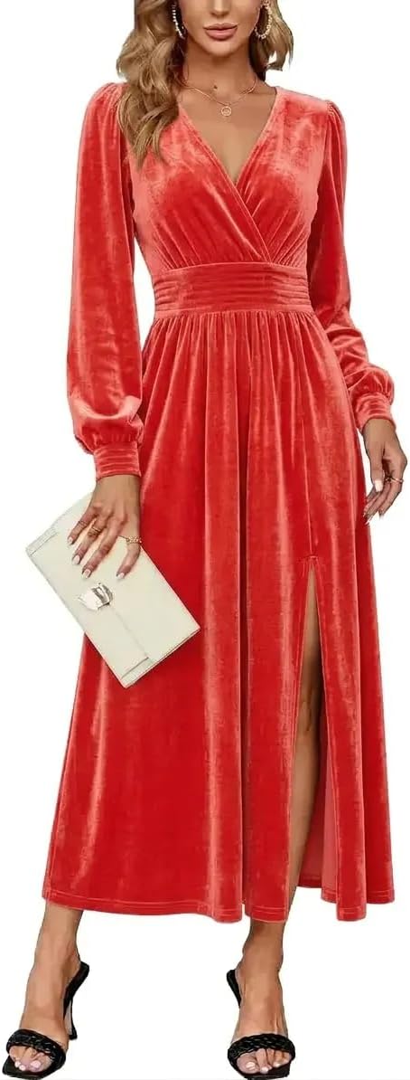 Velvet V-Neck Evening Dress with Bishop Sleeves and Side Slit