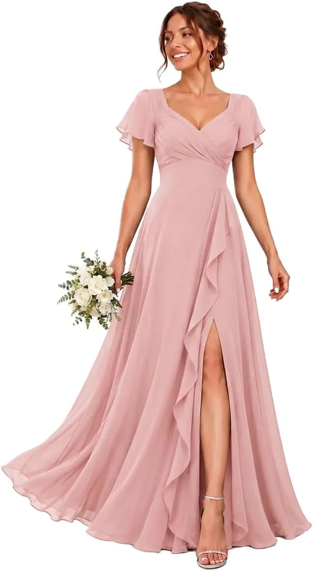 Chiffon V-Neck Bridesmaid Dress with Flutter Sleeves and Slit