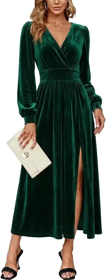 Velvet V-Neck Evening Dress with Bishop Sleeves and Side Slit