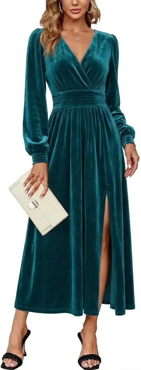 Velvet V-Neck Evening Dress with Bishop Sleeves and Side Slit
