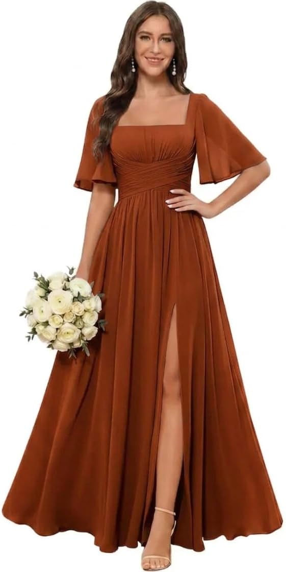Square Neck Chiffon Bridesmaid Dress with Flutter Sleeves and Slit