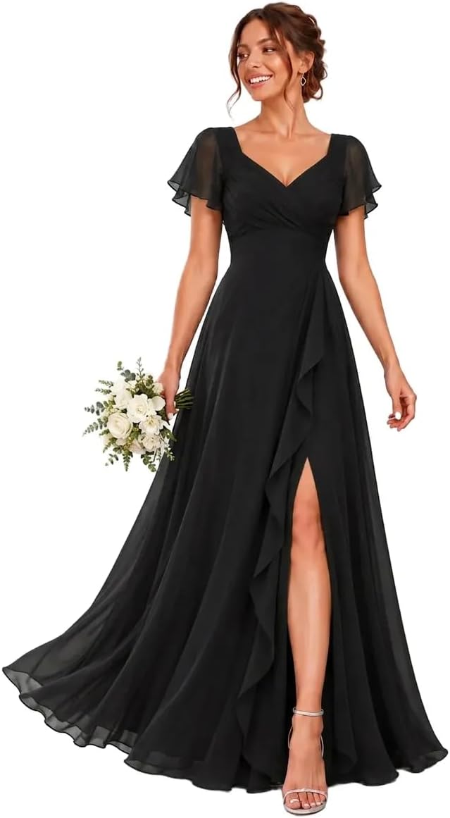 Chiffon V-Neck Bridesmaid Dress with Flutter Sleeves and Slit