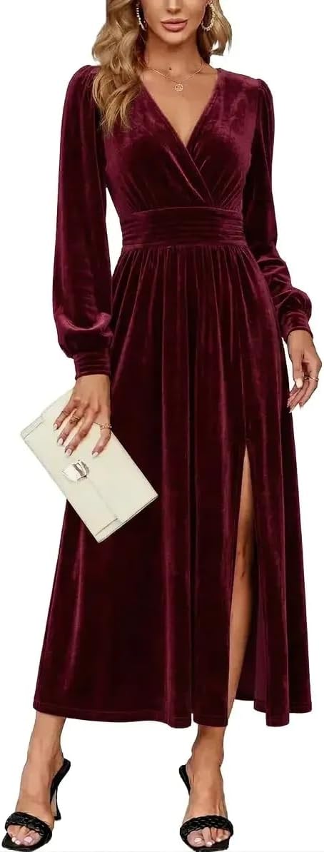 Velvet V-Neck Evening Dress with Bishop Sleeves and Side Slit