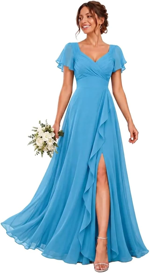 Chiffon V-Neck Bridesmaid Dress with Flutter Sleeves and Slit