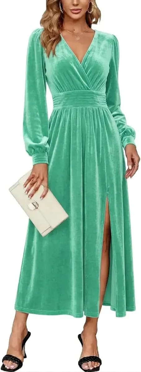Velvet V-Neck Evening Dress with Bishop Sleeves and Side Slit