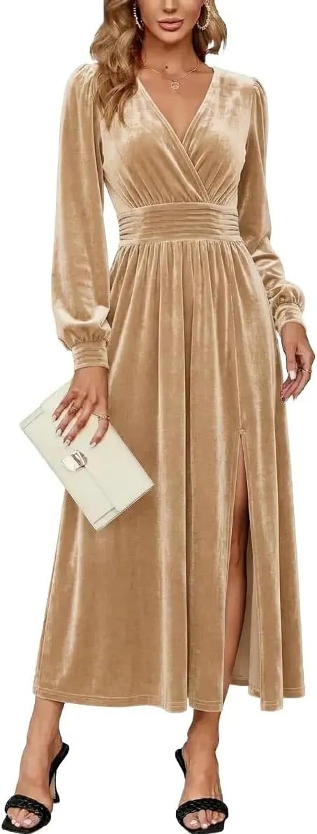 Velvet V-Neck Evening Dress with Bishop Sleeves and Side Slit