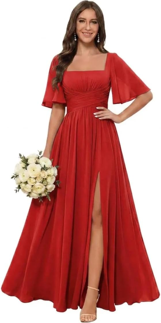 Square Neck Chiffon Bridesmaid Dress with Flutter Sleeves and Slit