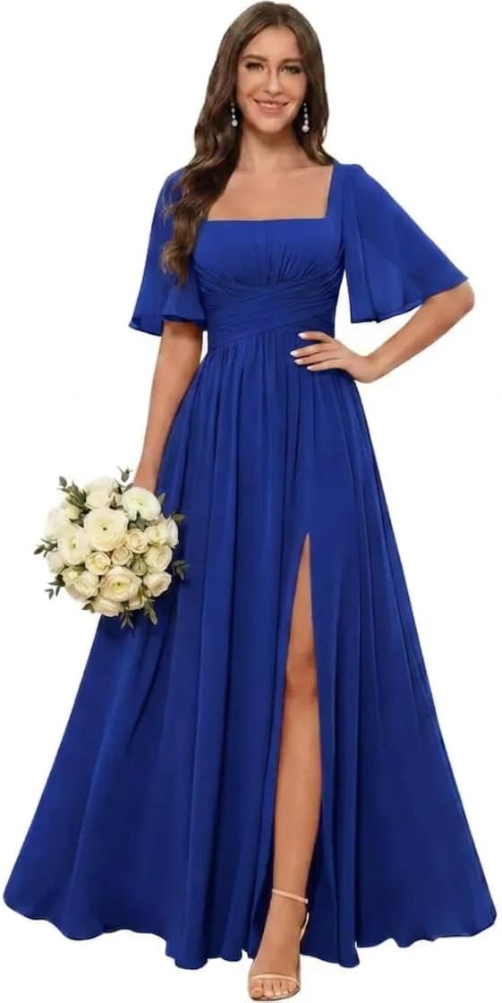 Square Neck Chiffon Bridesmaid Dress with Flutter Sleeves and Slit