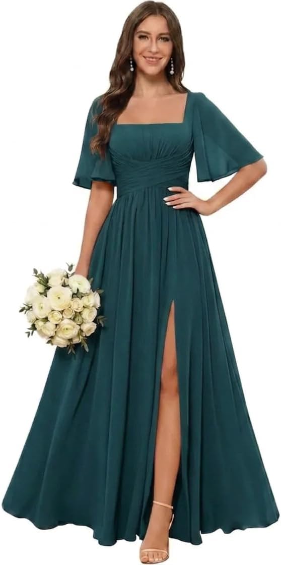 Square Neck Chiffon Bridesmaid Dress with Flutter Sleeves and Slit