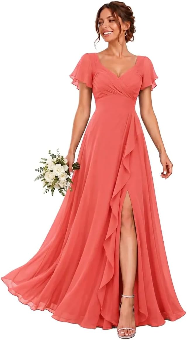 Chiffon V-Neck Bridesmaid Dress with Flutter Sleeves and Slit