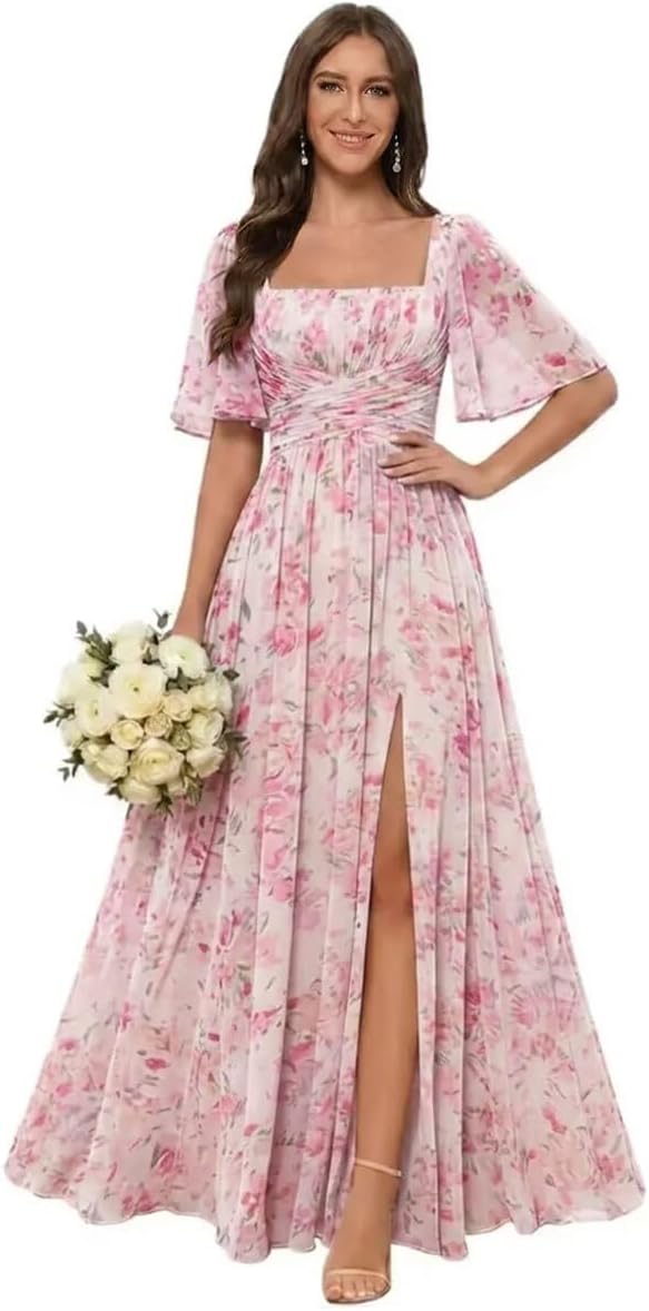 Square Neck Chiffon Bridesmaid Dress with Flutter Sleeves and Slit