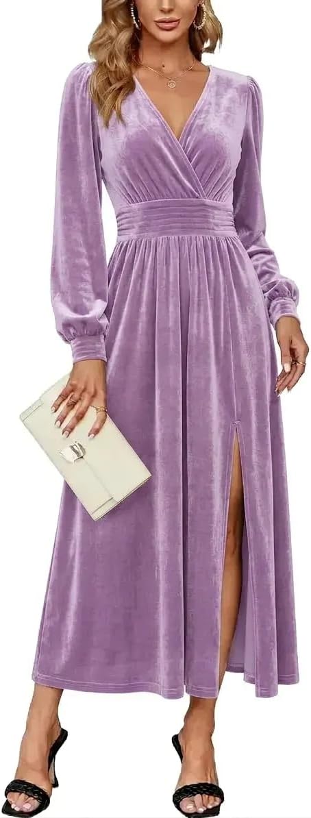 Velvet V-Neck Evening Dress with Bishop Sleeves and Side Slit