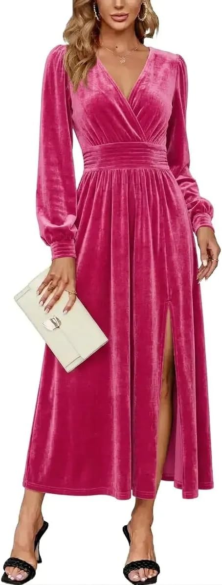 Velvet V-Neck Evening Dress with Bishop Sleeves and Side Slit