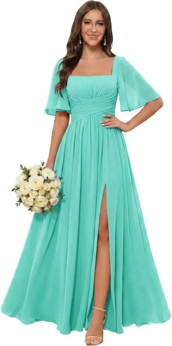 Square Neck Chiffon Bridesmaid Dress with Flutter Sleeves and Slit